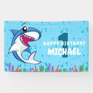 Cute Personalized Sea Shark 1st Birthday Party Banner