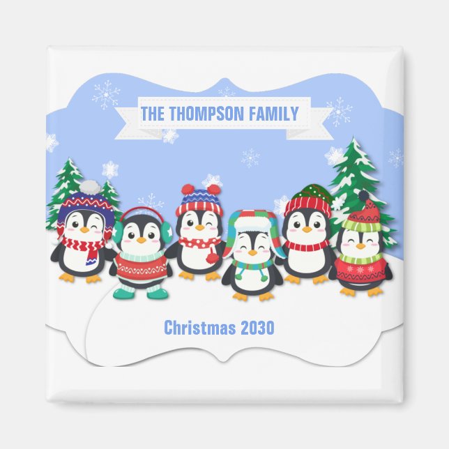 Cute Personalized Six Penguins Christmas Magnet (Front)