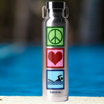 Cute Personalized Swimmer Peace Love Swimming Water Bottle<br><div class="desc">Peace Love Swimming water bottle for an swimmer. Cute blue pattern featuring a peace sign,  heart,  and a person on swim team.</div>