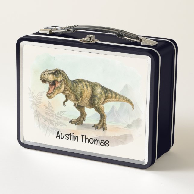 Cute Personalized T-Rex Kids Lunch Box with Name (Front)