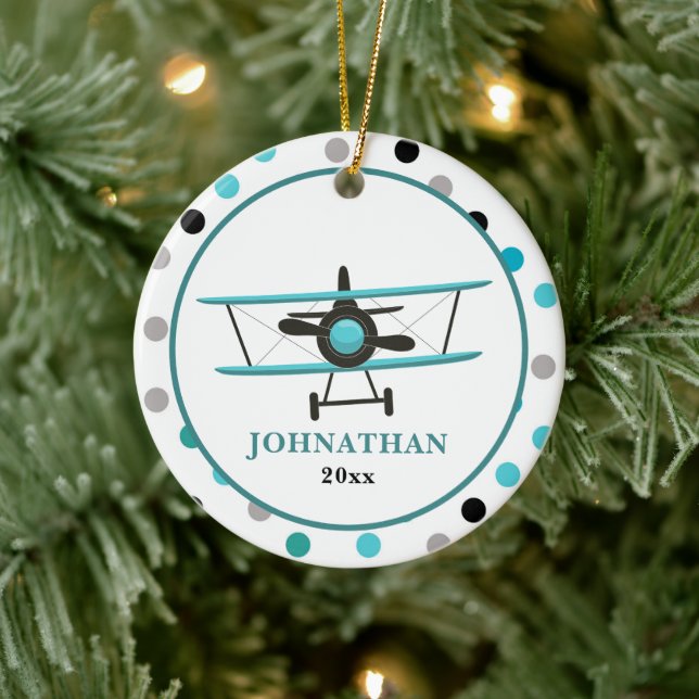 Cute Personalized Teal Airplane Polka Dot Ceramic Ornament (Tree)
