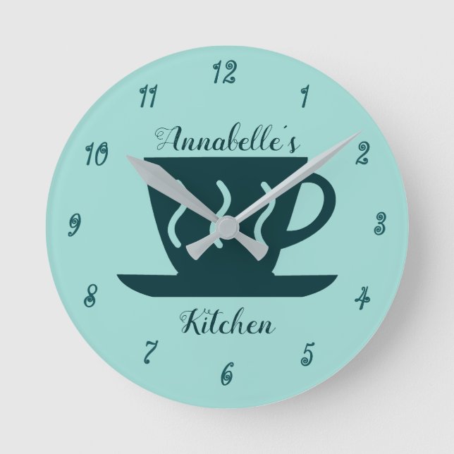 Cute Personalized Teal Coffee Lover Kitchen Round Clock (Front)