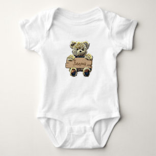 Cute Personalized Teddy Bear Wood Sign Baby Bodysuit