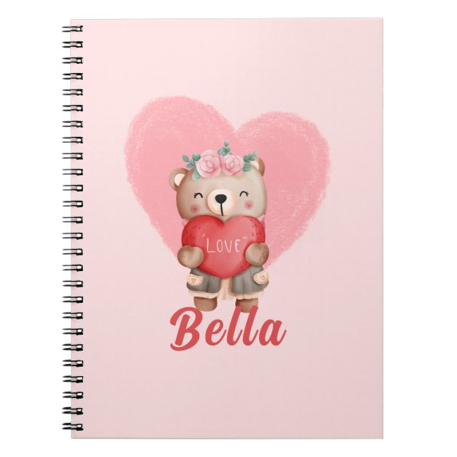 Cute Personalized Teddy Hearts Kids Valentines Day Notebook (Front)