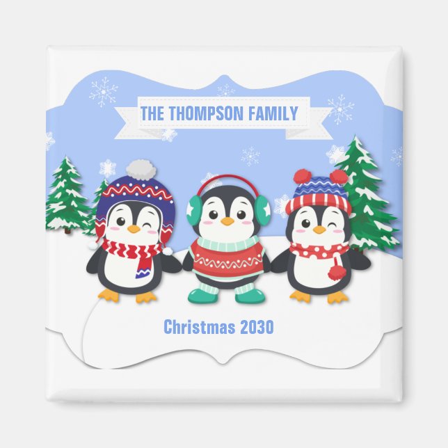 Cute Personalized Three Penguins Christmas Magnet (Front)
