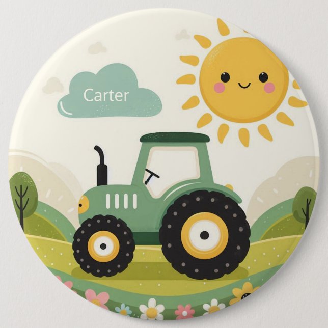 Cute, personalized tractor/farm 6 inch round button (Front)