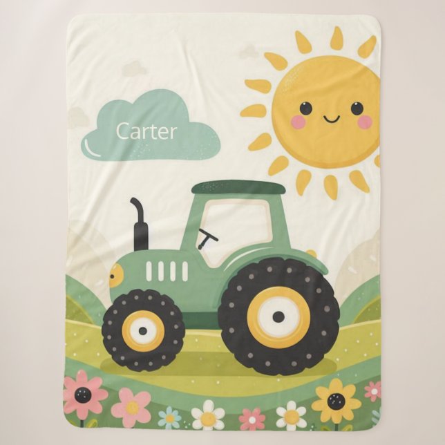 Cute, personalized tractor/farm sherpa blanket (Front)