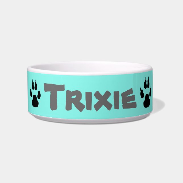 Cute Personalized Turquoise Black Paw Prints Bowl (Front)