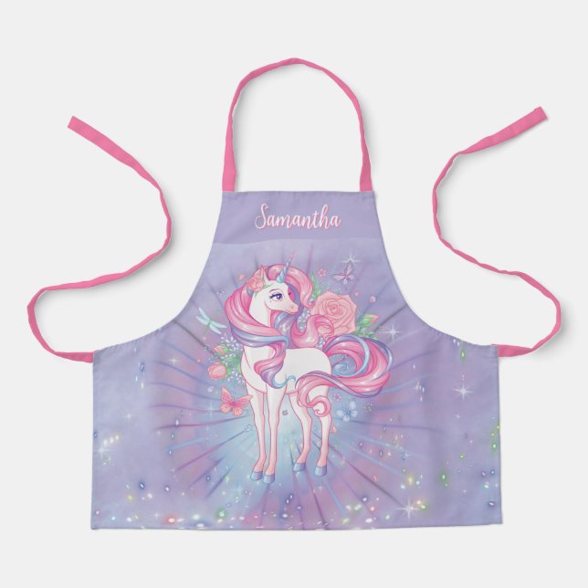 Cute Personalized Unicorn Roses & Butterflies girl Apron (Front)