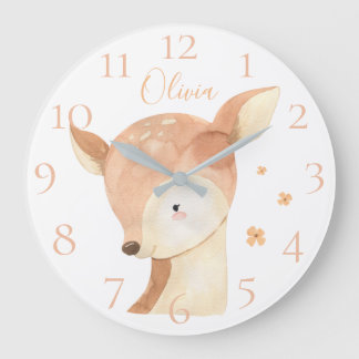 Cute Personalized Watercolor Baby Deer Name Large Clock
