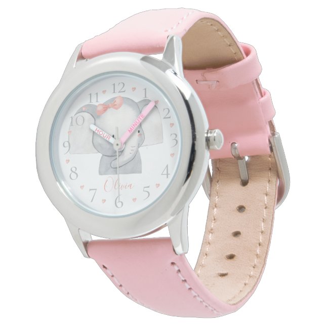 Cute Personalized Watercolor Baby Elephant Name  Watch (Angled)