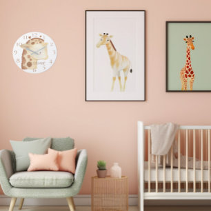 Cute Personalized Watercolor Baby Giraffe Name  Large Clock