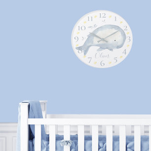 Cute Personalized Watercolor Baby Whale Nautical L Large Clock