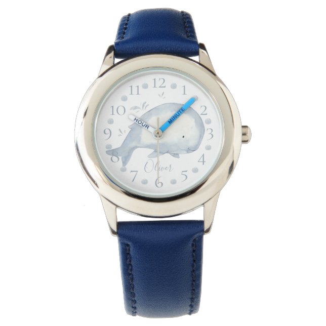 Cute Personalized Watercolor Baby Whale Nautical  Watch (Front)