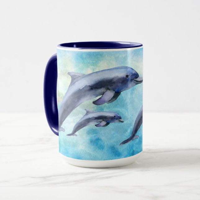 Cute Personalized Watercolor Dolphins Mug (Front Left)