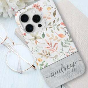 Cute Personalized Watercolor Floral Wood Monogram iPhone 15 Pro Case