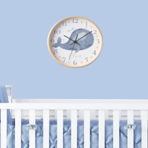 Cute Personalized Watercolor Nautical Blue Whale Clock