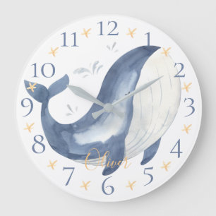 Cute Personalized Watercolor Nautical Blue Whale Large Clock