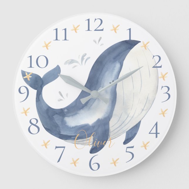 Cute Personalized Watercolor Nautical Blue Whale Large Clock (Front)