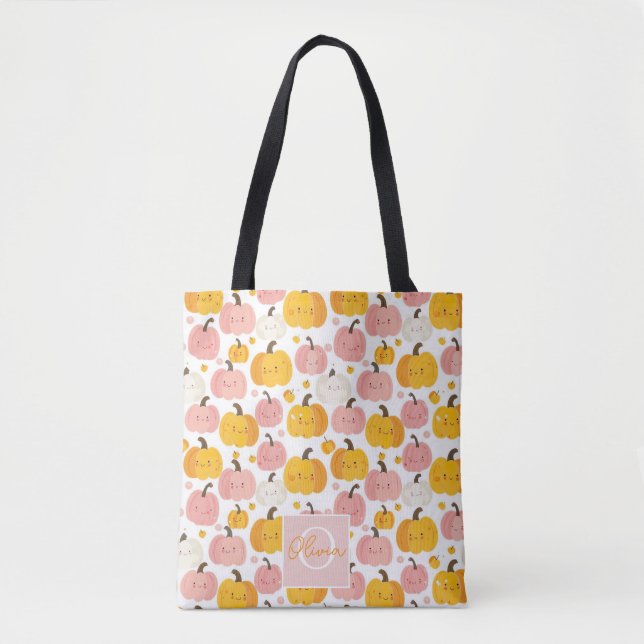 Cute Personalized Watercolor Pumpkin Fall Tote Bag (Front)