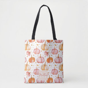 Cute Personalized Watercolor Pumpkin Fall Tote Bag