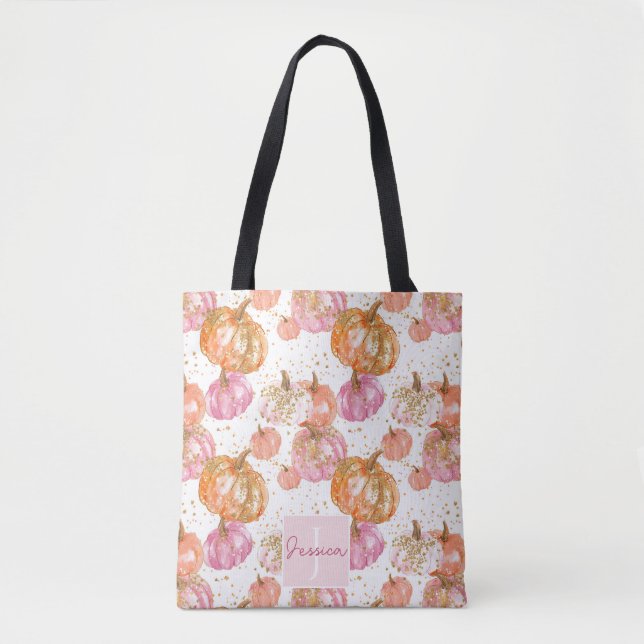 Cute Personalized Watercolor Pumpkin Fall Tote Bag (Front)