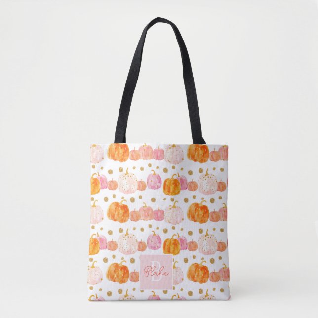 Cute Personalized Watercolor Pumpkin Fall Tote Bag (Front)