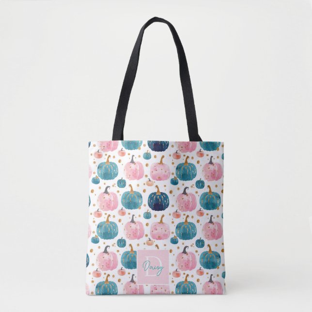 Cute Personalized Watercolor Pumpkin Fall Tote Bag (Front)