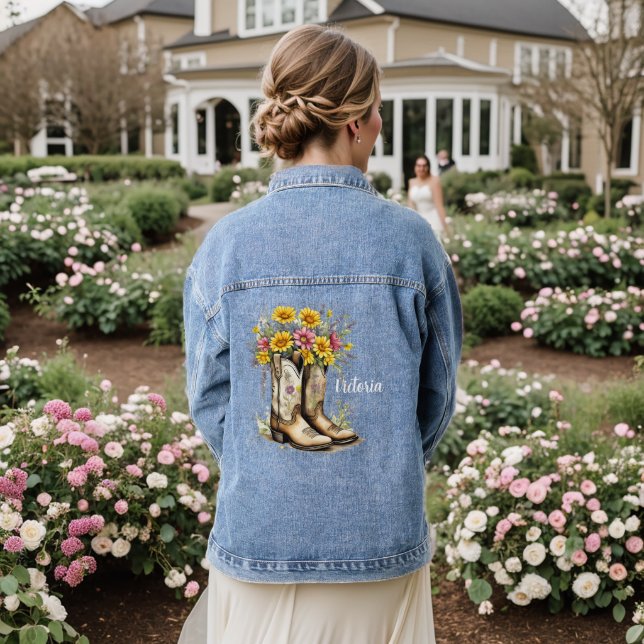 Cute Personalized Western Floral Cowboy Boots Denim Jacket (Wedding Back)