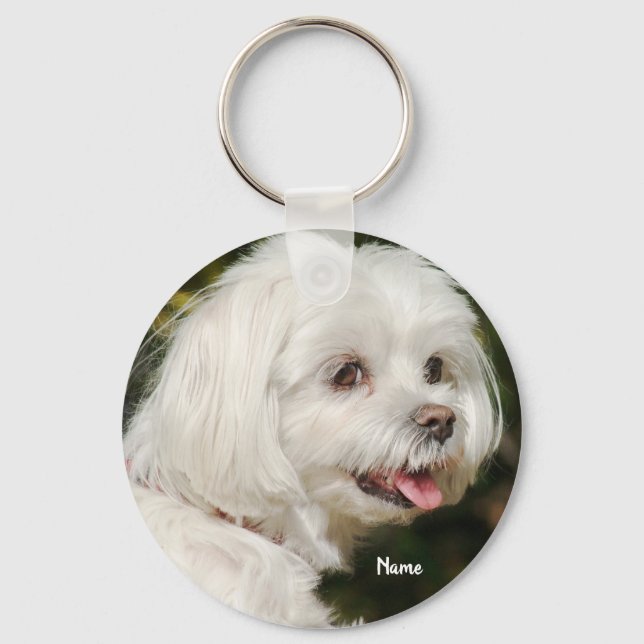 Cute Personalized White Maltese Puppy Dog Keychain (Front)