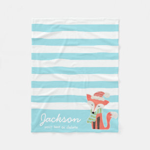 Cute Personalized Winter Fox Cozy Blue Stripe Fleece Blanket