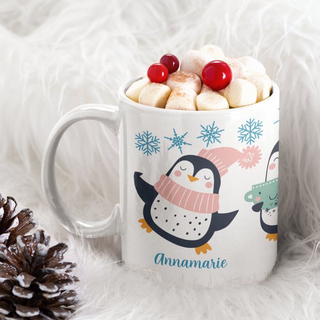 Cute Personalized Winter Penguin Snowflake Holiday Coffee Mug (Creator Uploaded)