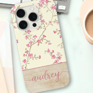 Cute Personalized Wood Floral Script Monogram Name iPhone 15 Pro Case