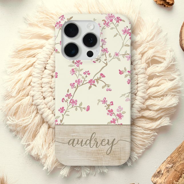 Cute Personalized Wood Floral Script Monogram Name Case-Mate iPhone Case (Creator Uploaded)