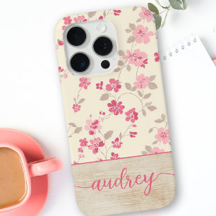 Cute Personalized Wood Floral Script Monogram Name iPhone 15 Pro Case