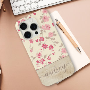 Cute Personalized Wood Floral Script Monogram Name iPhone 15 Pro Case