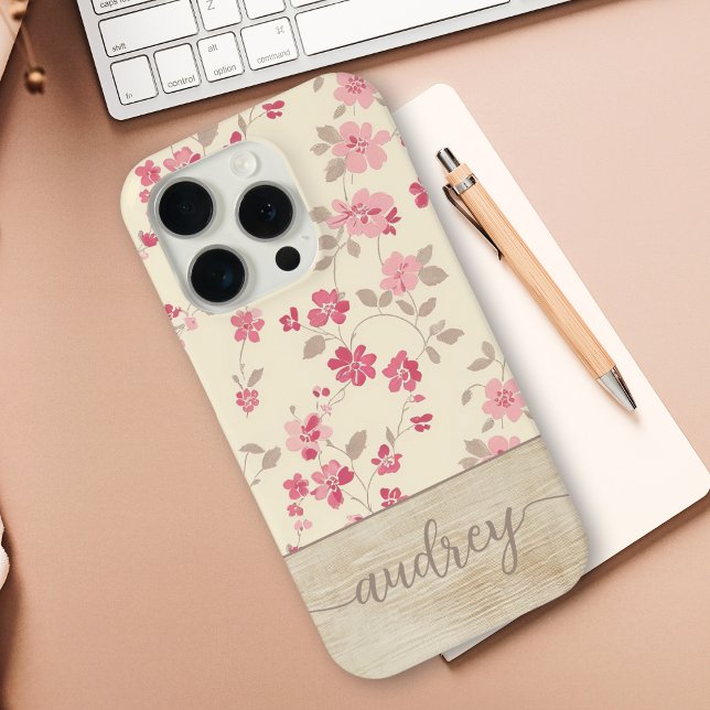 Cute Personalized Wood Floral Script Monogram Name Case-Mate iPhone Case (Creator Uploaded)