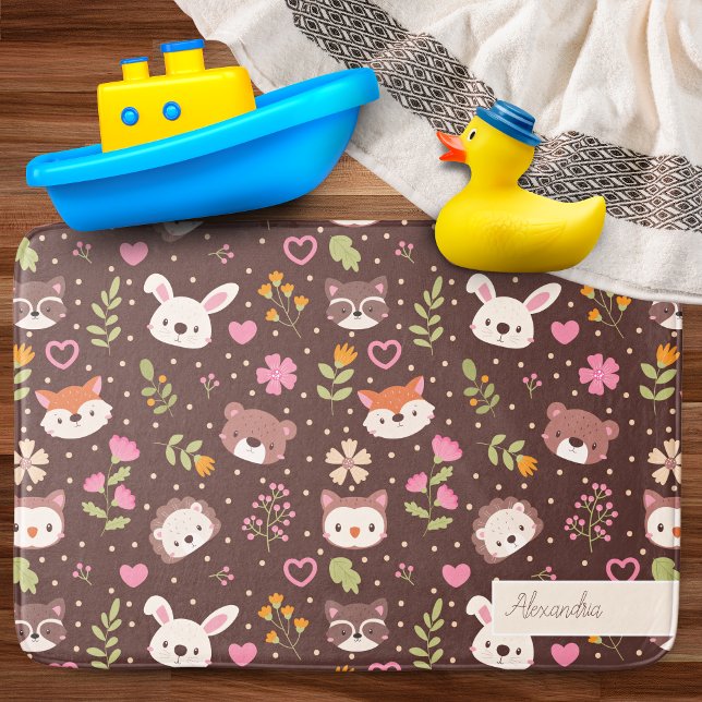 Cute Personalized Woodland Animals Pattern Bath Mat (Creator Uploaded)
