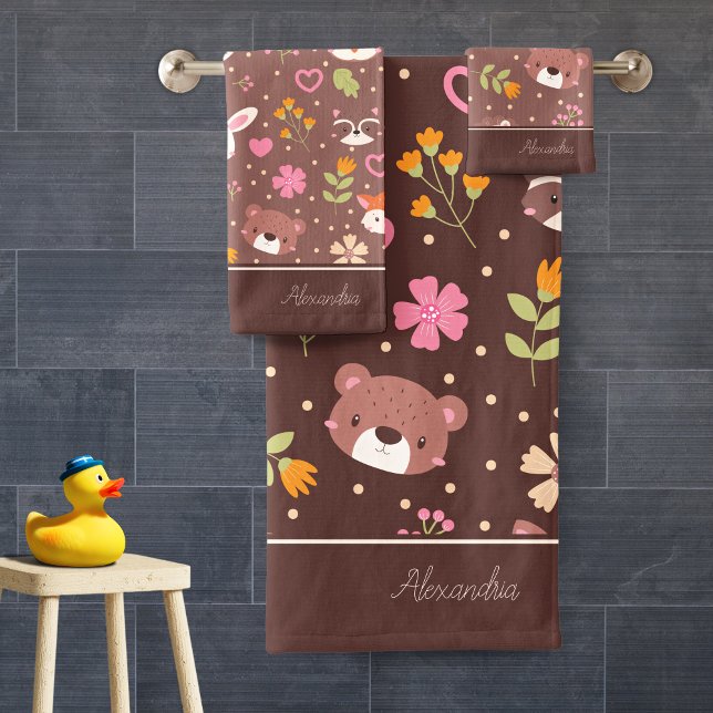 Cute Personalized Woodland Animals Pattern Bath Towel Set (Creator Uploaded)