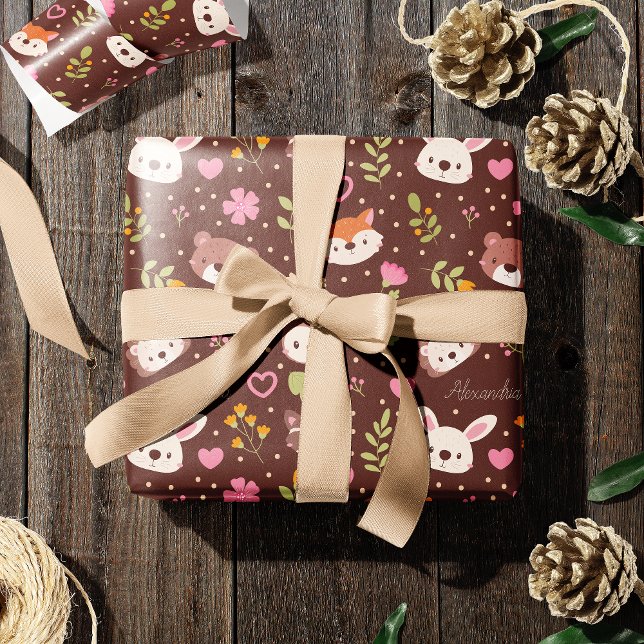 Cute Personalized Woodland Animals Pattern Kids Wrapping Paper (Creator Uploaded)