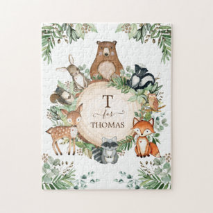 Cute Personalized Woodland Forest Animals Monogram Jigsaw Puzzle