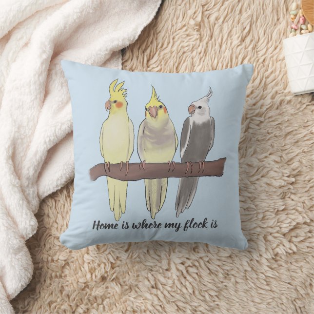 Cute Pet Cockatiels Flock on Perch Bird Lover Throw Pillow (Blanket)