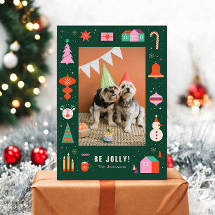 Cute Pet Dog Colorful Frame Christmas Photo Holiday Card