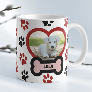 Cute Pet Dog Photo Heart Red & Black Paws Pattern Coffee Mug