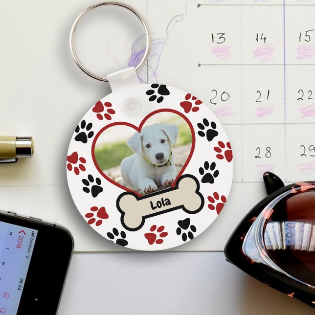 Cute Pet Dog Photo Heart Red & Black Paws Pattern Keychain (Creator Uploaded)