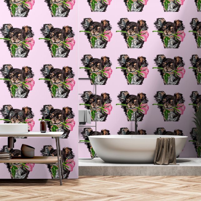 Cute Pet Dog with Rose Wallpaper (Bathroom)