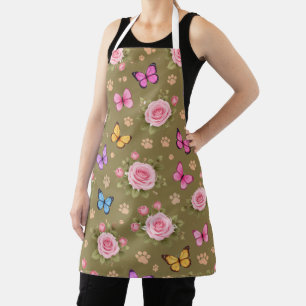 Cute Pet Lover Kitchen Apron Roses & Butterflies