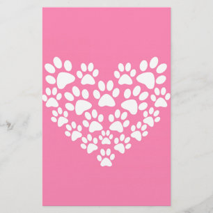 Cute Pet Lover White Pink Heart Paw Print Stationery