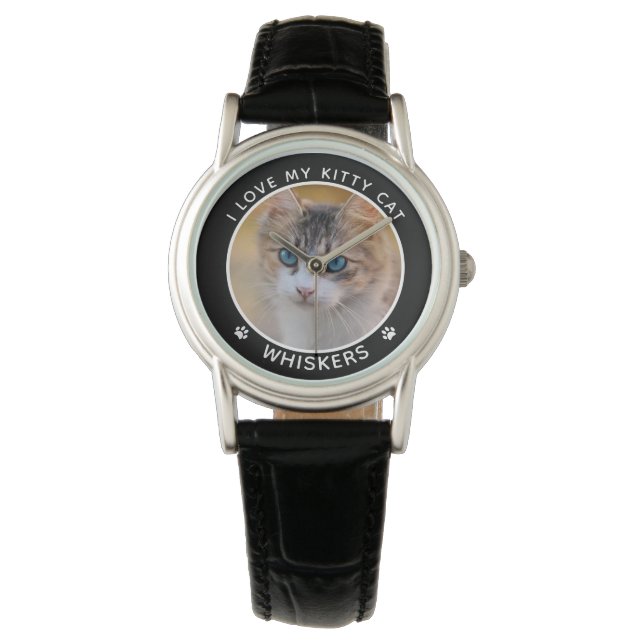 Cute Pet Lovers Cat Name Paw Prints Custom Photo Watch (Front)