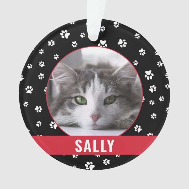 Cute Pet Paw Prints Red Personalized Cat Name Ornament (Front)